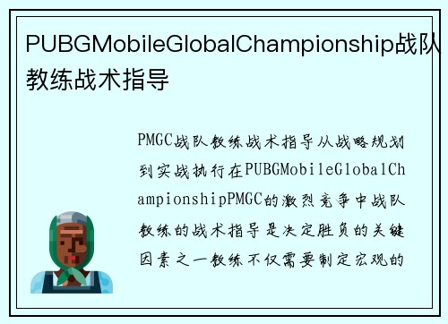 PUBGMobileGlobalChampionship战队教练战术指导